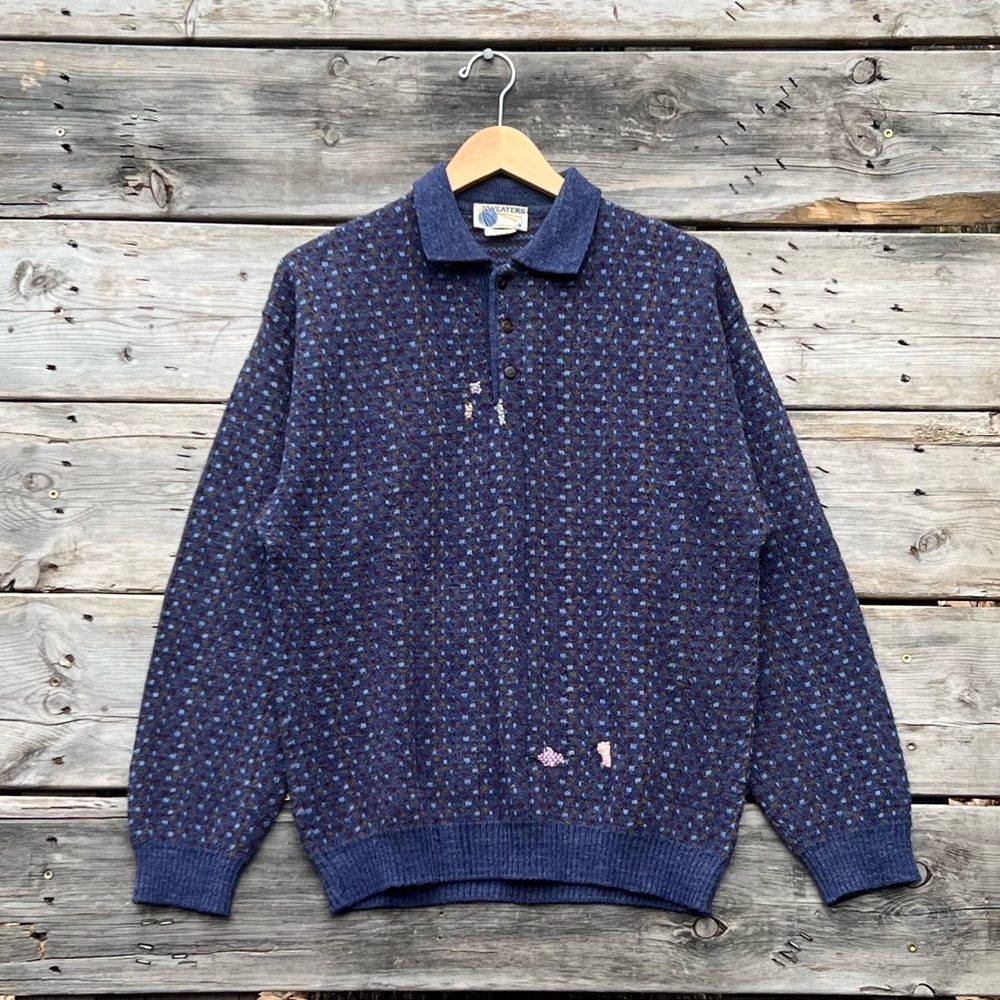 Vintage Italian Acrylic Patterned Sweater Purple Repaired Henley Size Medium
